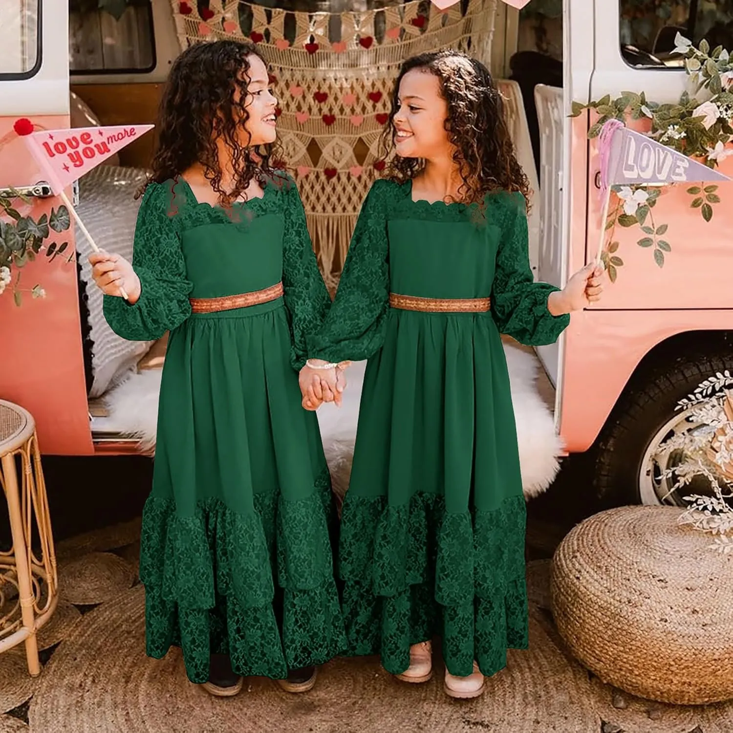 MITILLY Girls Boho Long Sleeve Backless Lace Flower Square Neck Tiered Ruffle Swing Party Maxi Dress