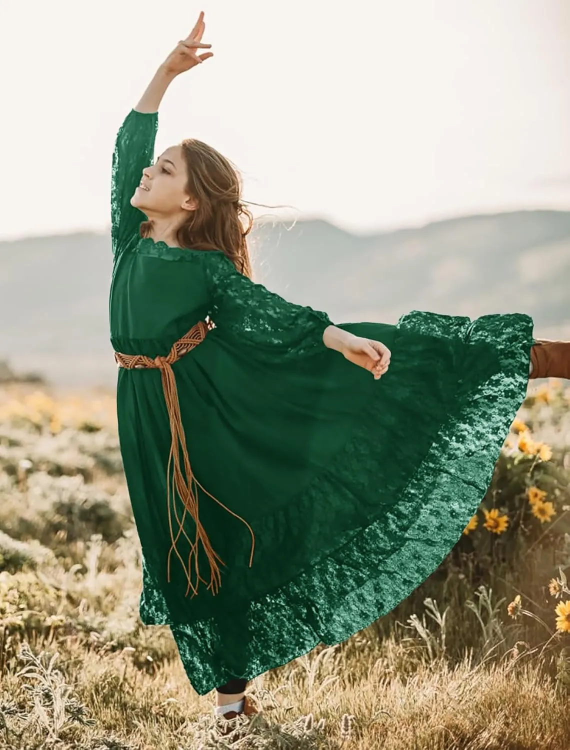 MITILLY Girls Boho Long Sleeve Backless Lace Flower Square Neck Tiered Ruffle Swing Party Maxi Dress