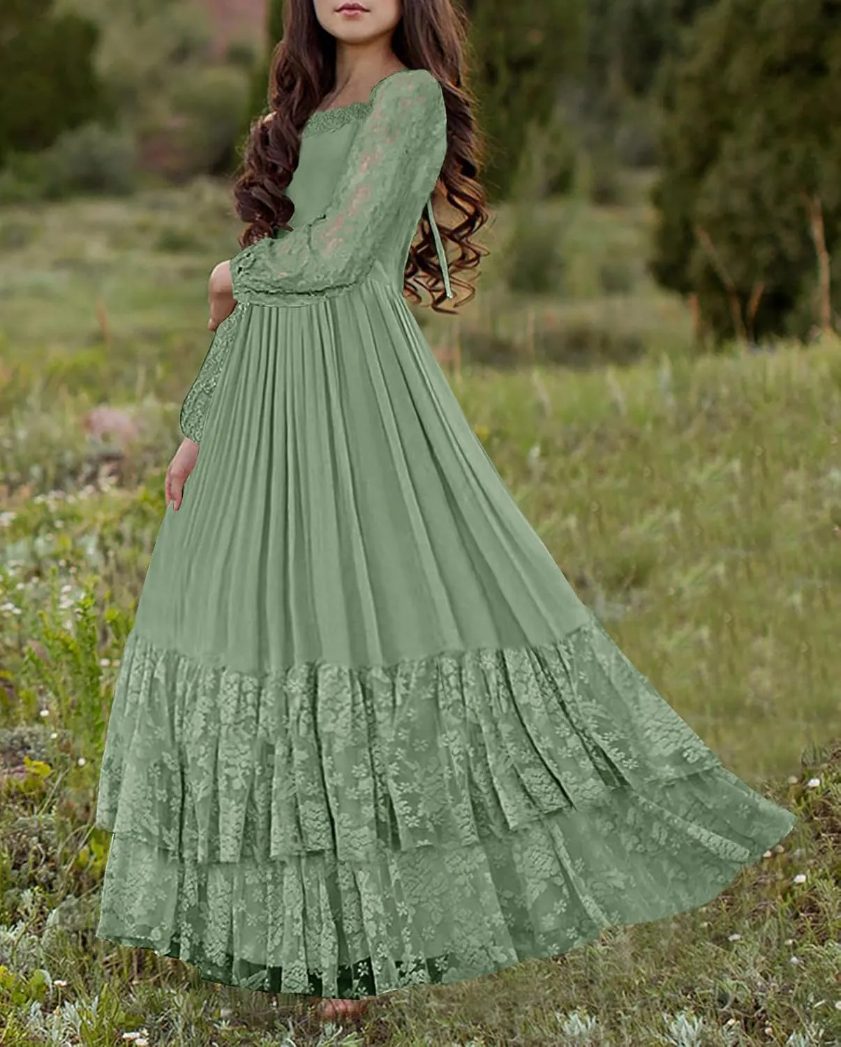 MITILLY Girls Boho Long Sleeve Backless Lace Flower Square Neck Tiered Ruffle Swing Party Maxi Dress