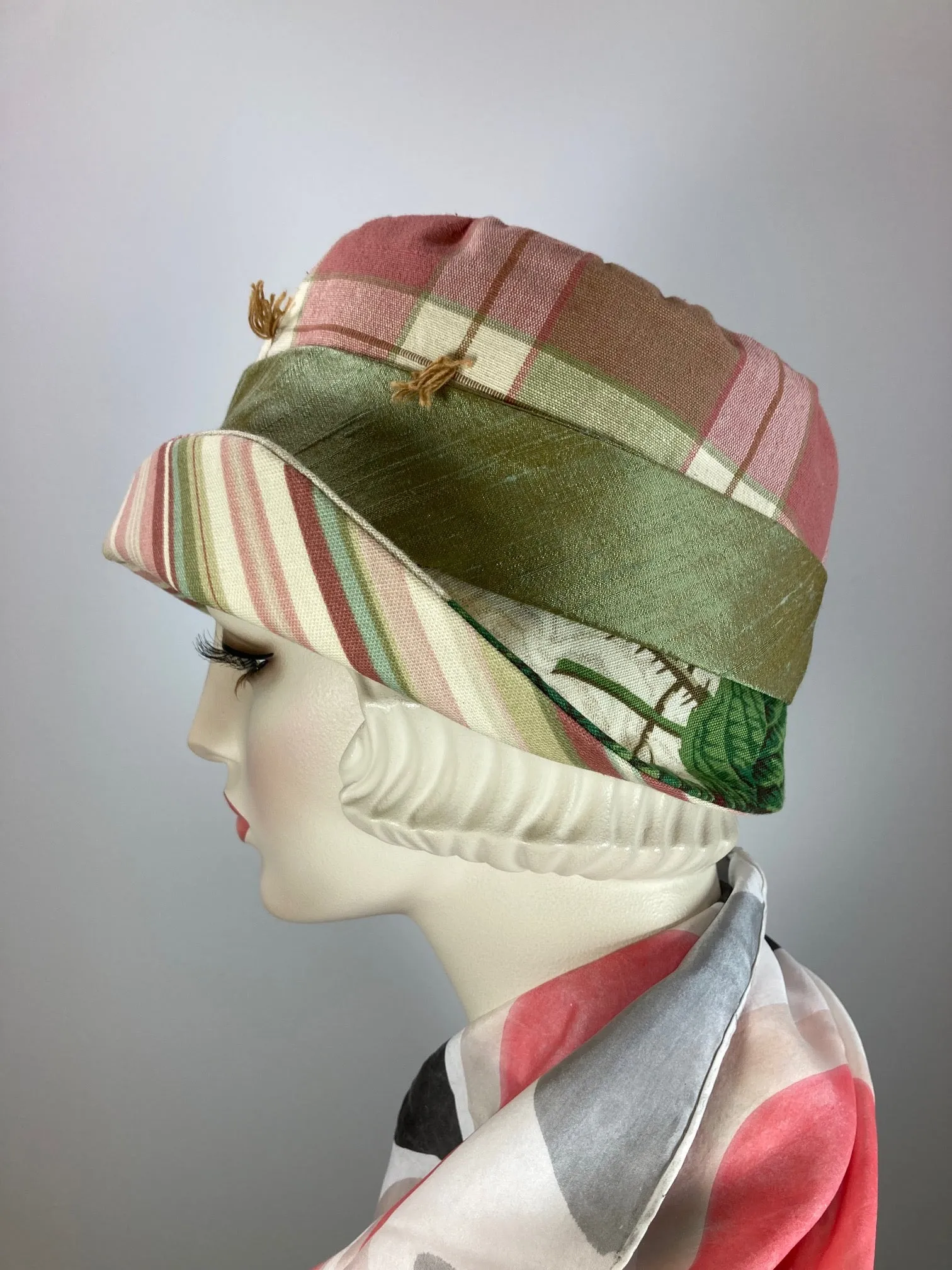 Mixed repurposed fabric pink green ivory Summer Cloche Hat. Small Brim Hat for Women. Ladies Cool Summer Travel Hat. One of a kind hat.