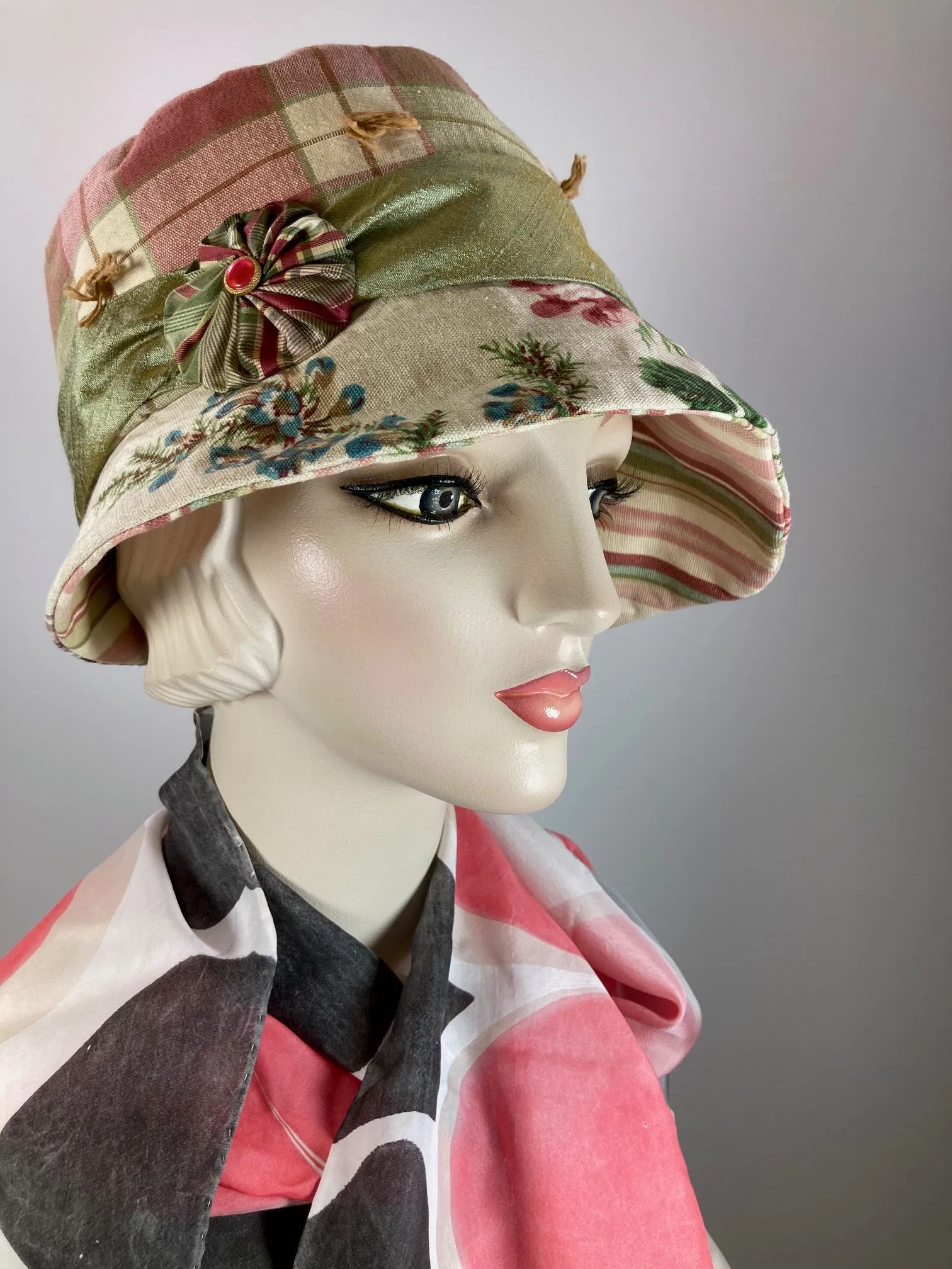 Mixed repurposed fabric pink green ivory Summer Cloche Hat. Small Brim Hat for Women. Ladies Cool Summer Travel Hat. One of a kind hat.