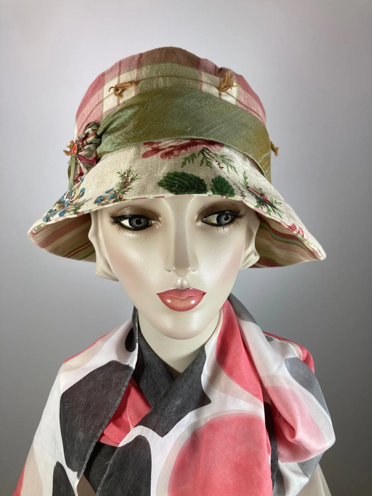 Mixed repurposed fabric pink green ivory Summer Cloche Hat. Small Brim Hat for Women. Ladies Cool Summer Travel Hat. One of a kind hat.
