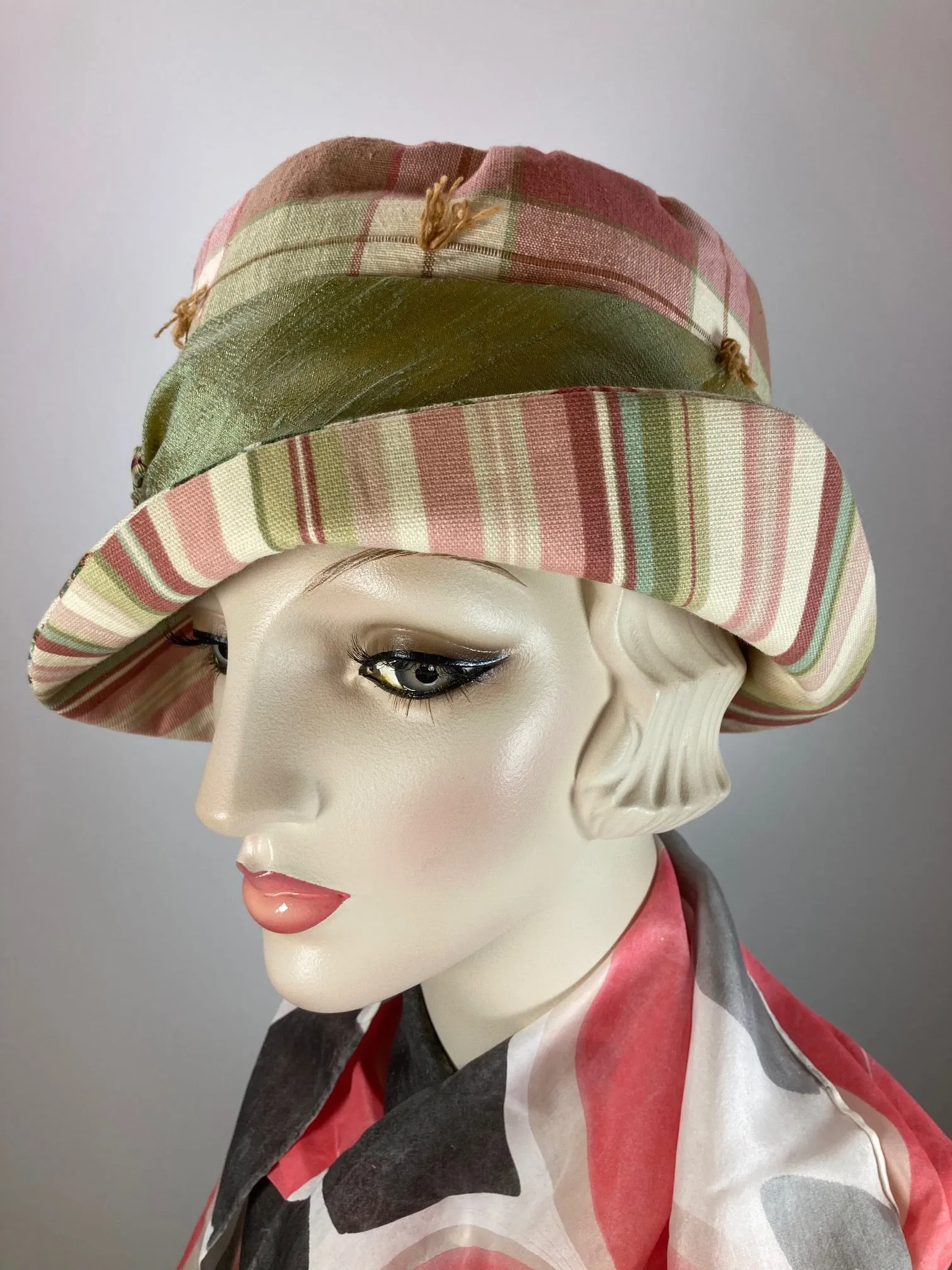 Mixed repurposed fabric pink green ivory Summer Cloche Hat. Small Brim Hat for Women. Ladies Cool Summer Travel Hat. One of a kind hat.