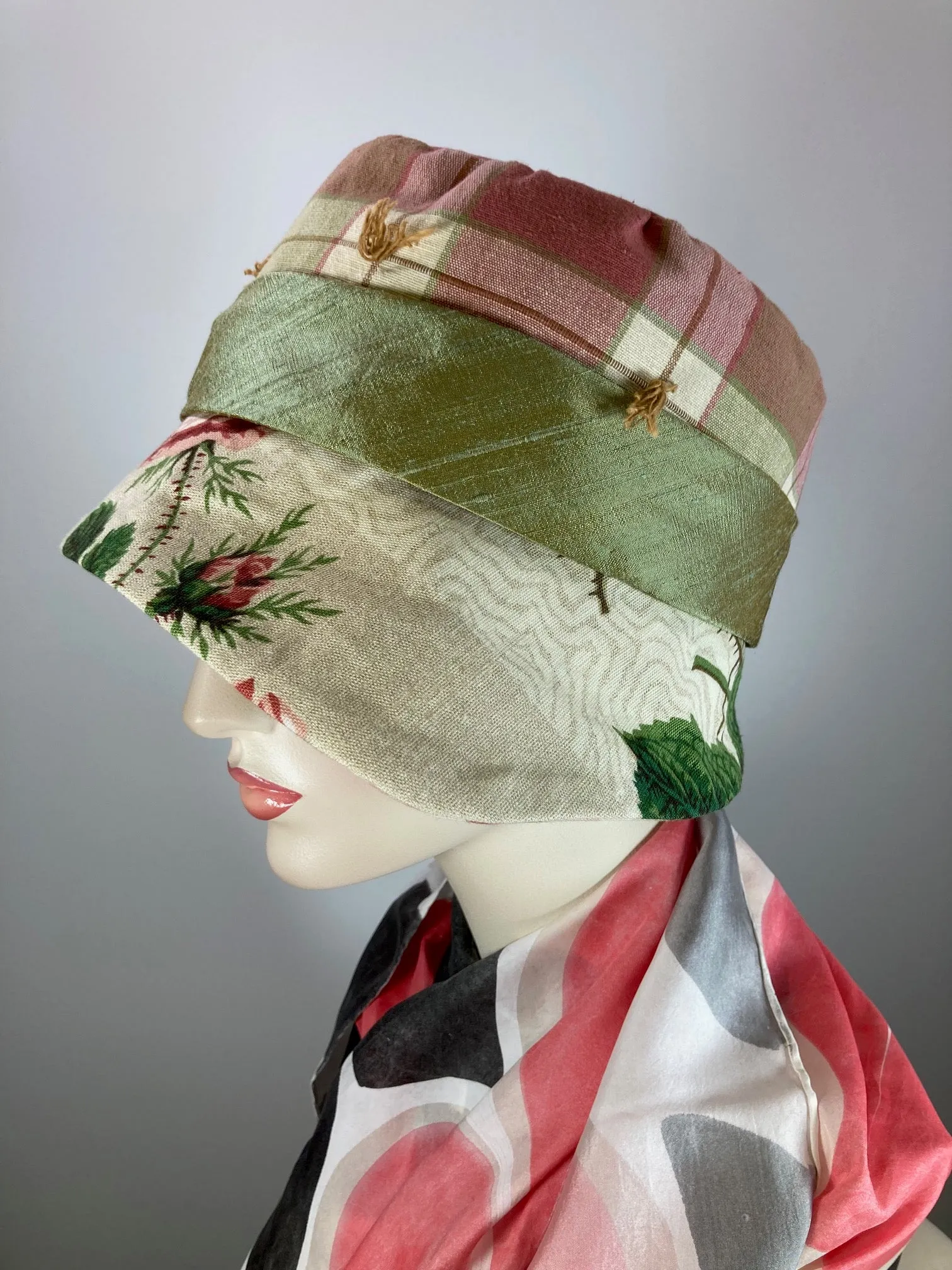 Mixed repurposed fabric pink green ivory Summer Cloche Hat. Small Brim Hat for Women. Ladies Cool Summer Travel Hat. One of a kind hat.