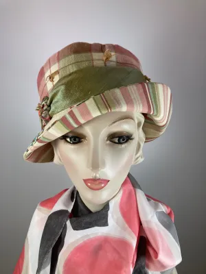 Mixed repurposed fabric pink green ivory Summer Cloche Hat. Small Brim Hat for Women. Ladies Cool Summer Travel Hat. One of a kind hat.