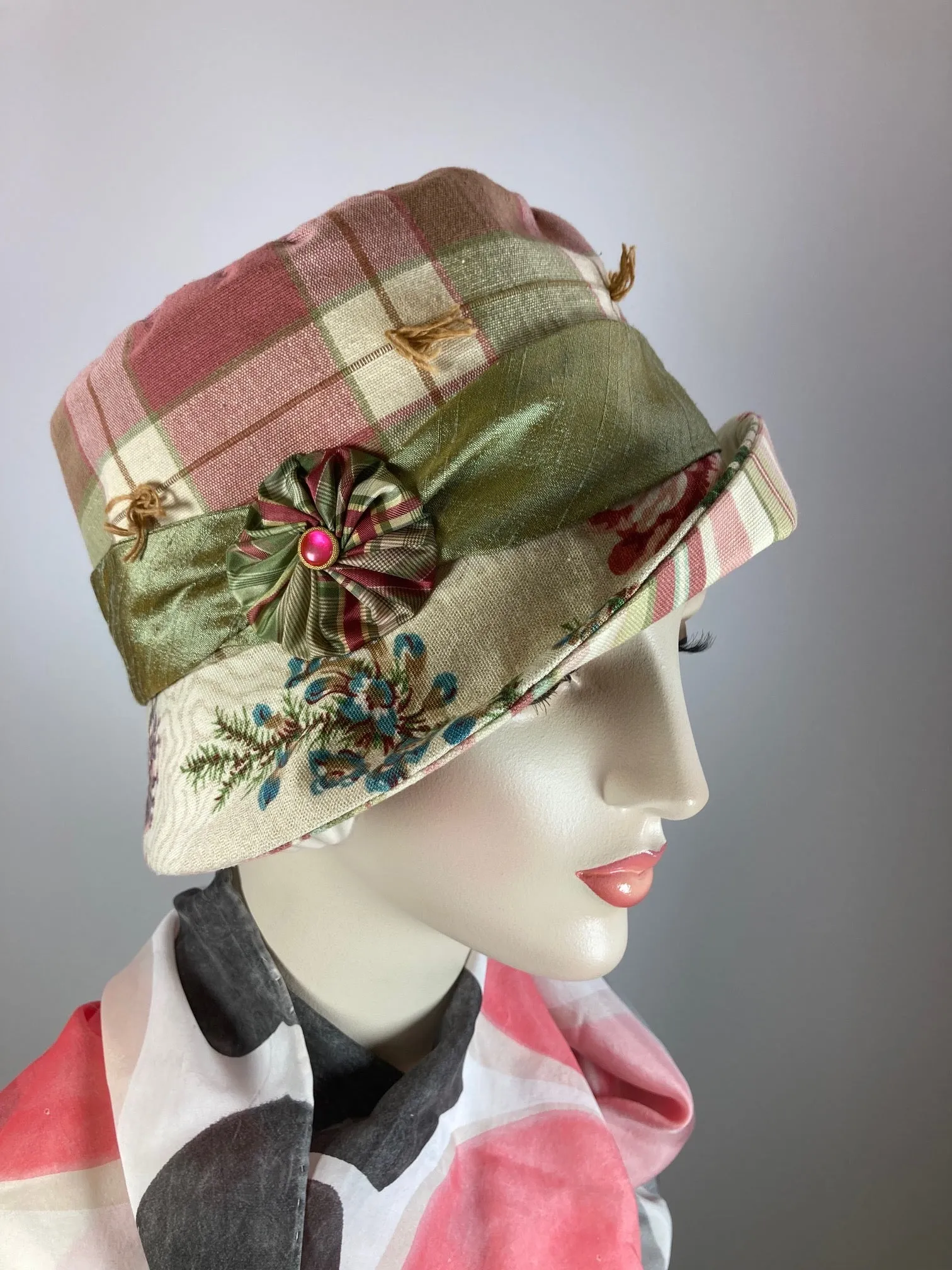 Mixed repurposed fabric pink green ivory Summer Cloche Hat. Small Brim Hat for Women. Ladies Cool Summer Travel Hat. One of a kind hat.