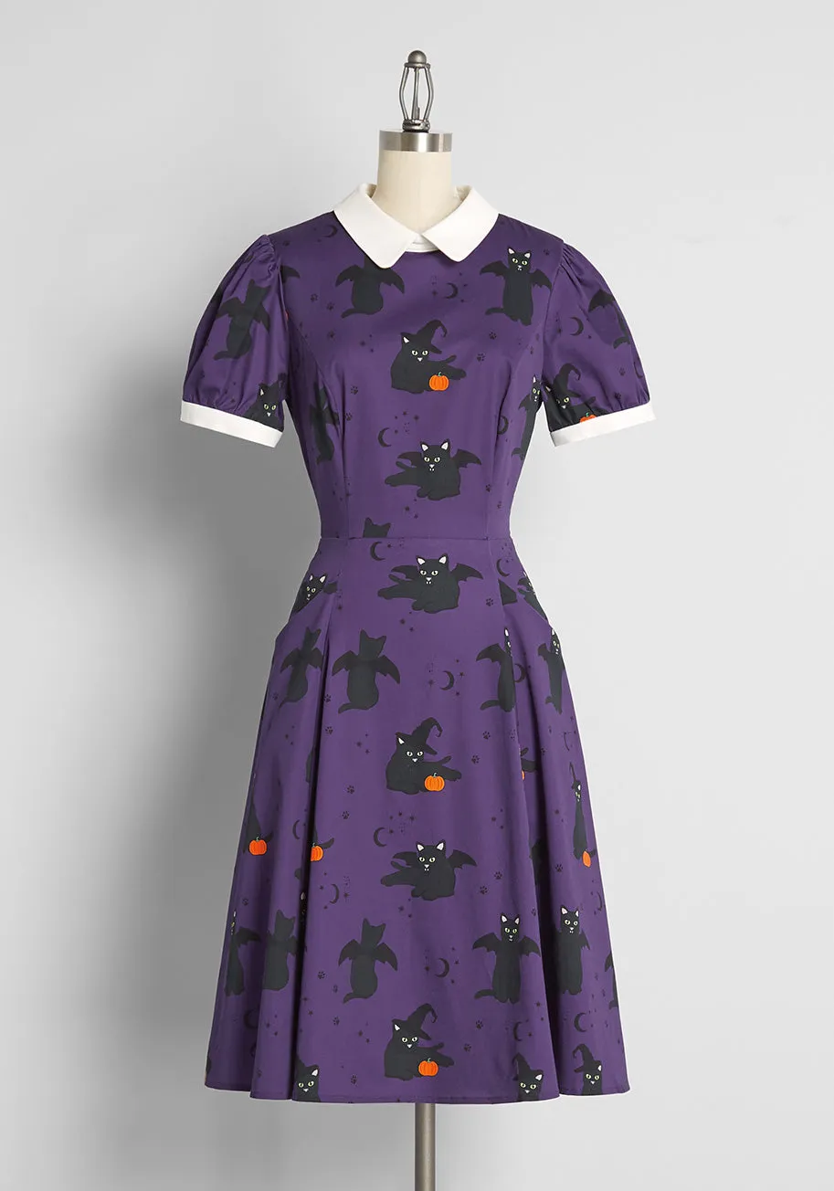 ModCloth x Collectif Black Cat Celebration Swing Dress