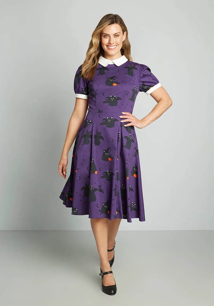 ModCloth x Collectif Black Cat Celebration Swing Dress