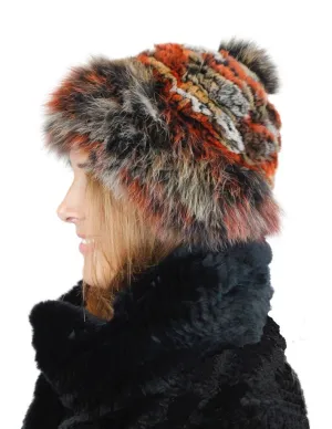MULTICOLOR KNITTED REX RABBIT FUR & FOX FUR POM-POM BEANIE, HAT