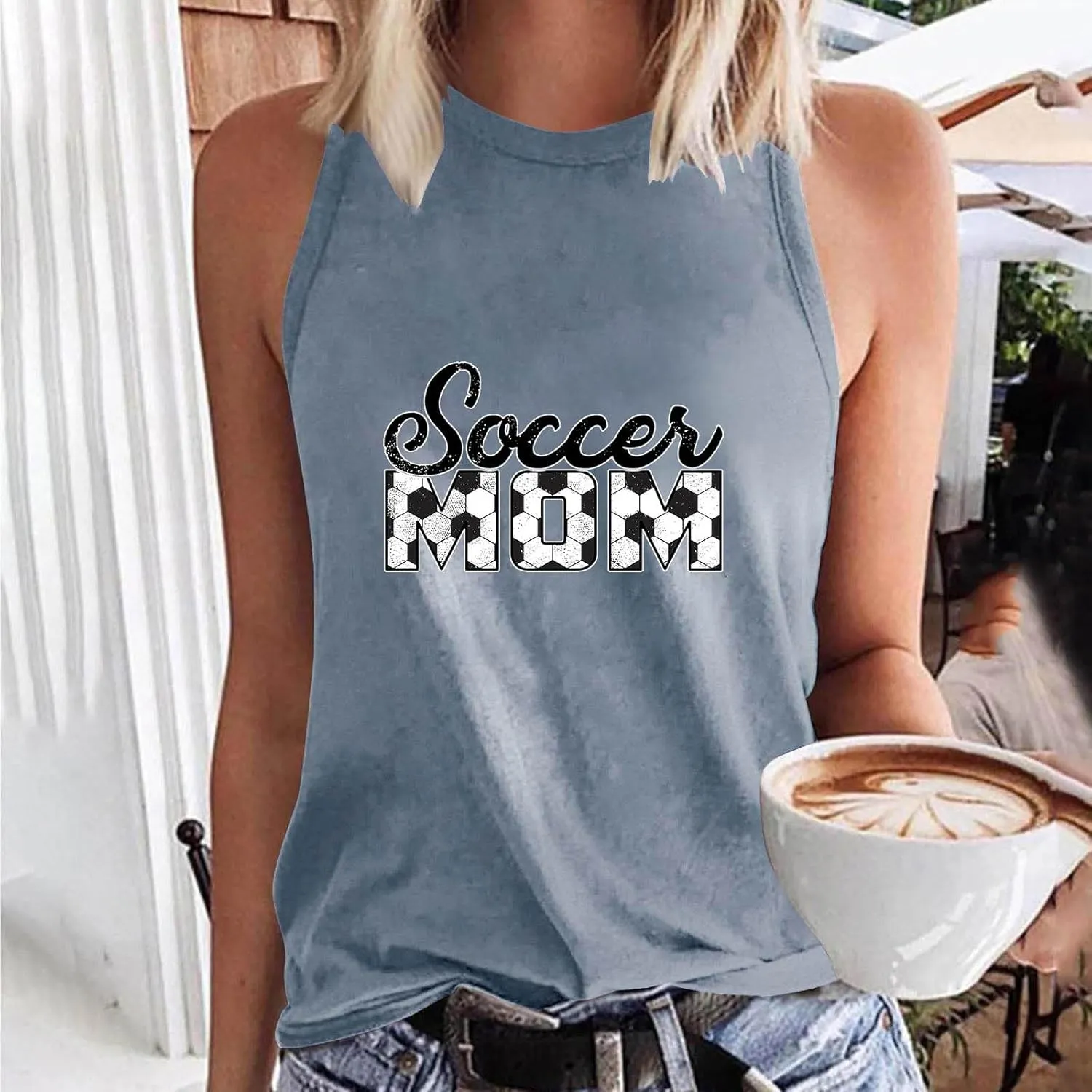 Mzkdieey Women's Soccer Mom Tank Tops Mama Shirts Game Day Tee Top Crewneck Sleeveless Summer Casual T-Shirts Blouses