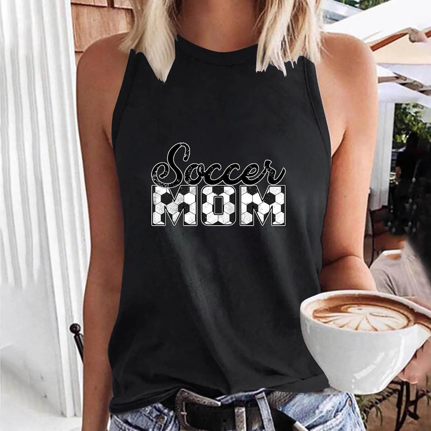 Mzkdieey Women's Soccer Mom Tank Tops Mama Shirts Game Day Tee Top Crewneck Sleeveless Summer Casual T-Shirts Blouses