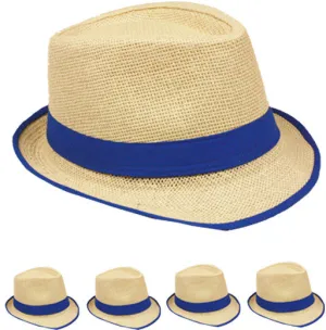 natural color bound edge blue ribbon fedora hat Case of 72