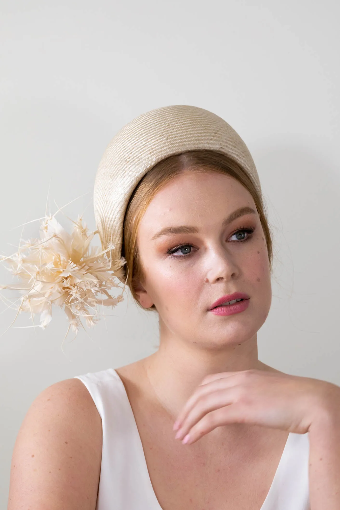 Natural Pillbox Hat with Feather Pom Pom
