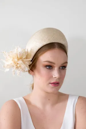 Natural Pillbox Hat with Feather Pom Pom