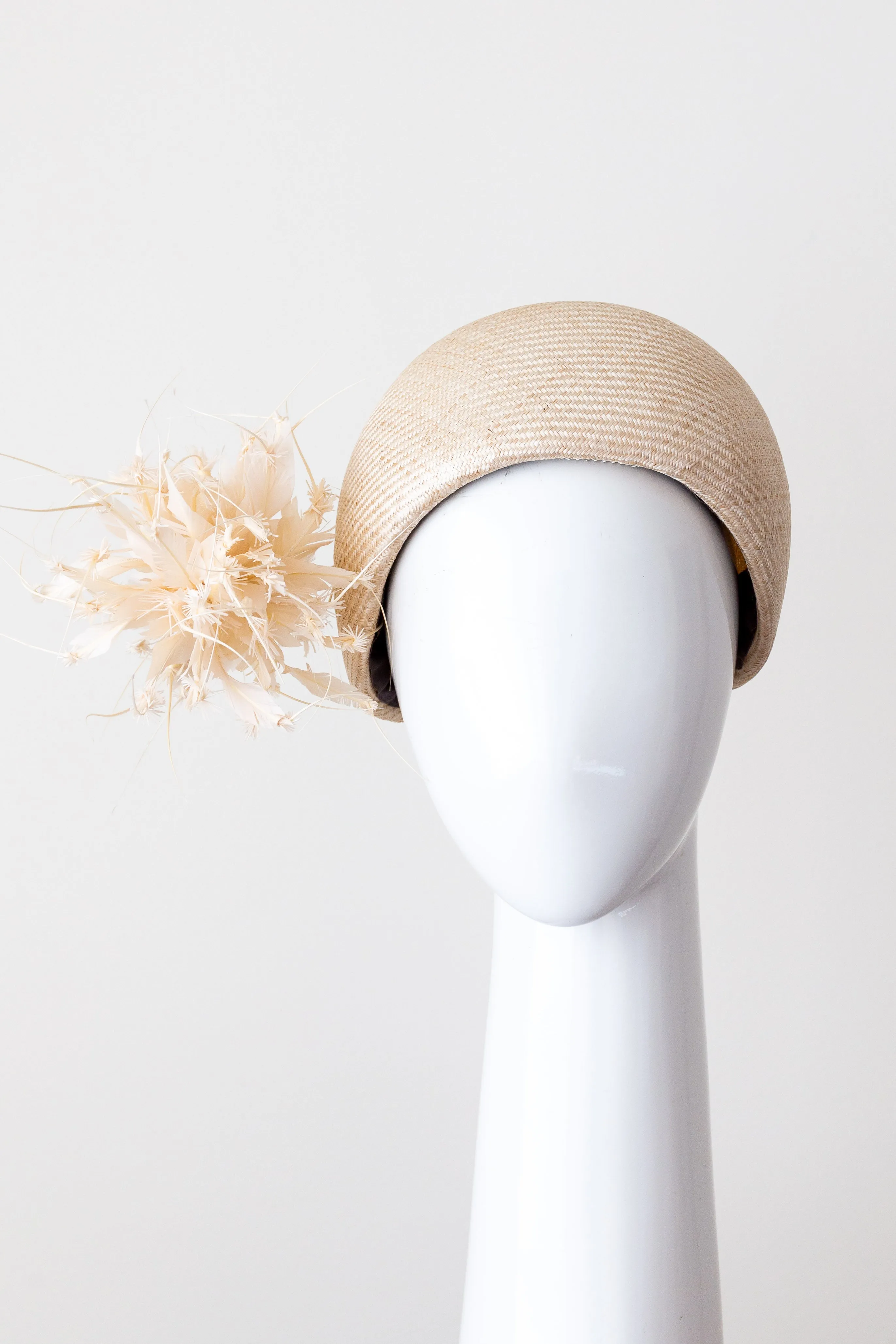Natural Pillbox Hat with Feather Pom Pom