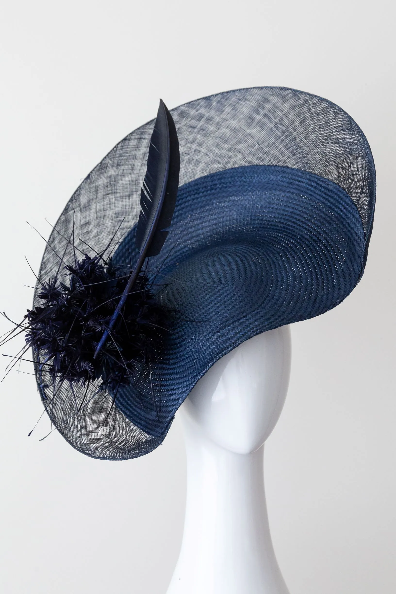 Navy Platter Hat With Feather Pom Pom
