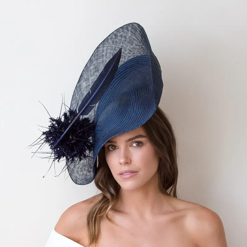 Navy Platter Hat With Feather Pom Pom