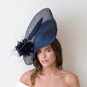 Navy Platter Hat With Feather Pom Pom