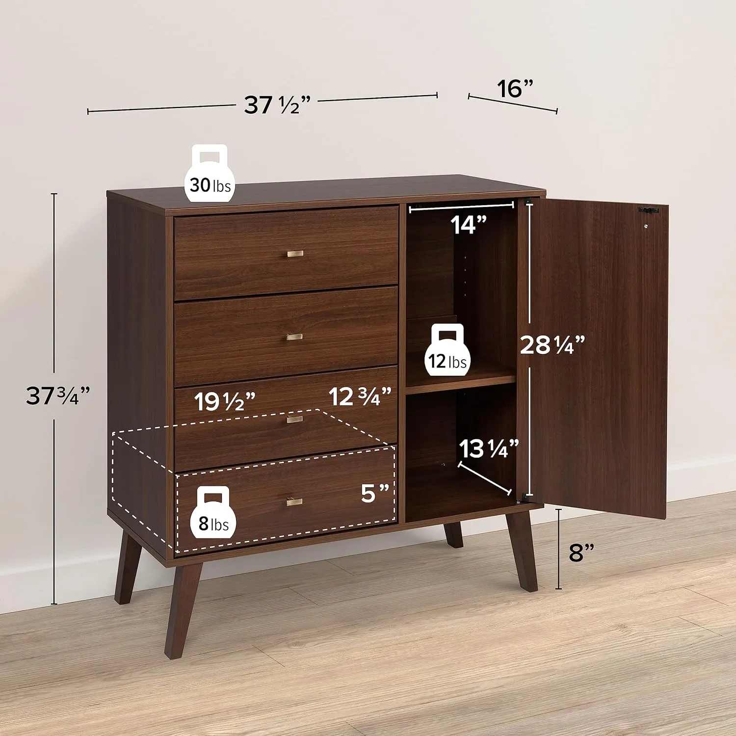 New Assembled Prepac Milo 4-Drawer Chest with Door, Cherry Retails $365 