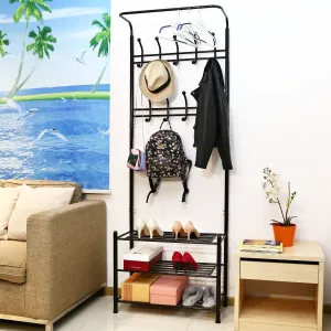 New in box! HOMFA Metal Entryway Coat Shoe Rack 3-tier Shoe Bench with Coat Hat Umbrella Rack 18 Hooks (Black)
