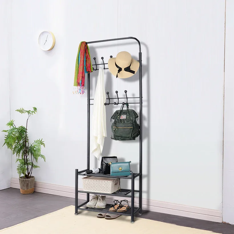 New in box! HOMFA Metal Entryway Coat Shoe Rack 3-tier Shoe Bench with Coat Hat Umbrella Rack 18 Hooks (Black)