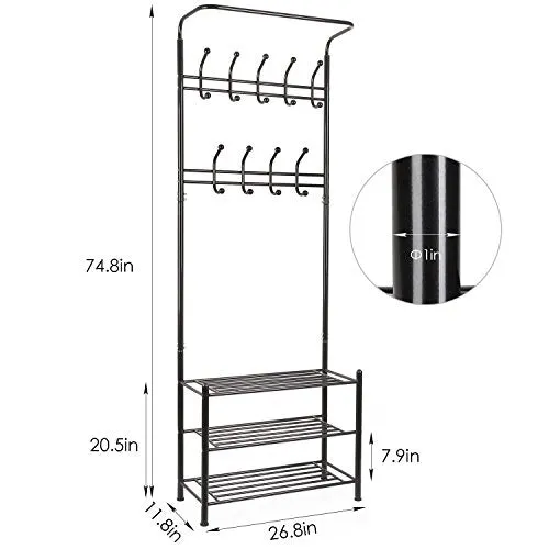 New in box! HOMFA Metal Entryway Coat Shoe Rack 3-tier Shoe Bench with Coat Hat Umbrella Rack 18 Hooks (Black)