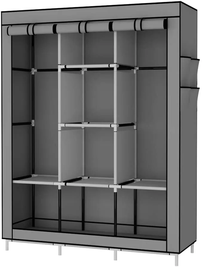 New in box! UDEAR Portable Wardrobe Closet Clothes Organizer No-Woven Fabric Cover with 6 Storage Shelves, 2 Hanging Sections and 4 Side Pockets, Grey