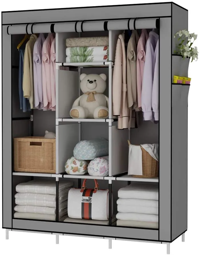 New in box! UDEAR Portable Wardrobe Closet Clothes Organizer No-Woven Fabric Cover with 6 Storage Shelves, 2 Hanging Sections and 4 Side Pockets, Grey