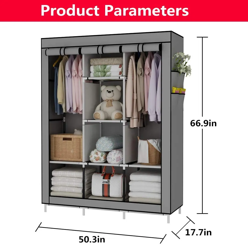 New in box! UDEAR Portable Wardrobe Closet Clothes Organizer No-Woven Fabric Cover with 6 Storage Shelves, 2 Hanging Sections and 4 Side Pockets, Grey