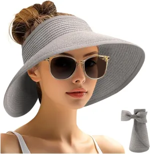 NPQQUAN Sun Visor Hats for Women Wide Brim Ponytail Straw Beach Hat Packable Foldable UPF 50  Floppy Travel Hats
