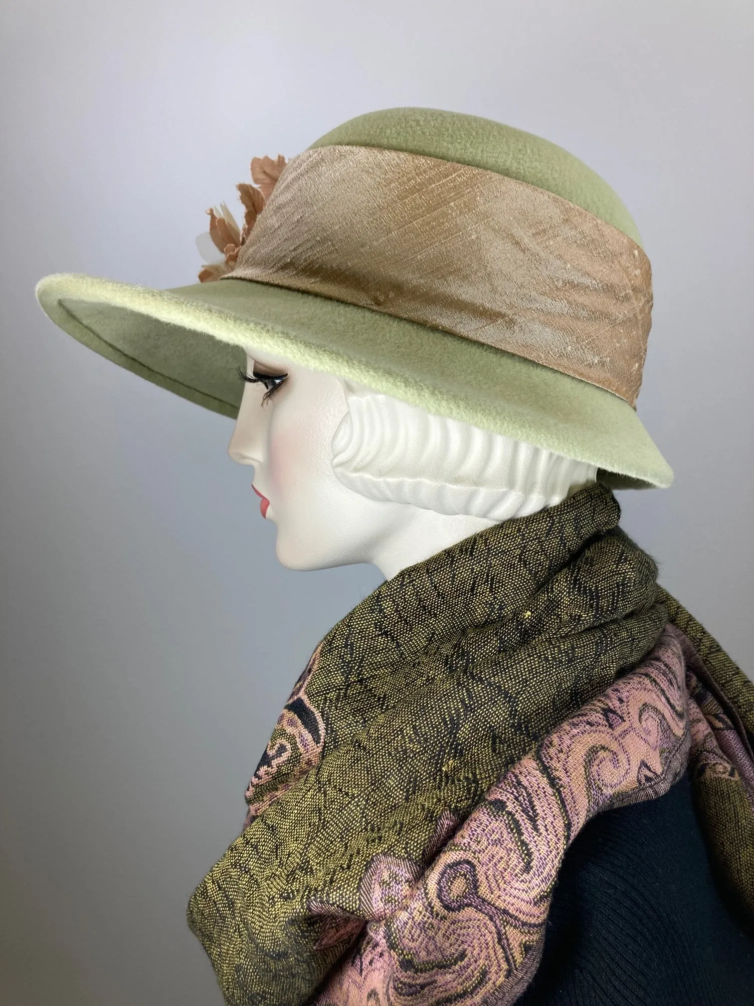 One of a kind hat. Downton Abbey style. 1920s wool hat, felt brim hat, Womens Brim Hat pistachio Green. Ladies Warm Winter Hat. Winter Hats