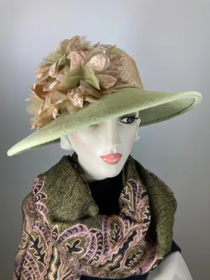 One of a kind hat. Downton Abbey style. 1920s wool hat, felt brim hat, Womens Brim Hat pistachio Green. Ladies Warm Winter Hat. Winter Hats