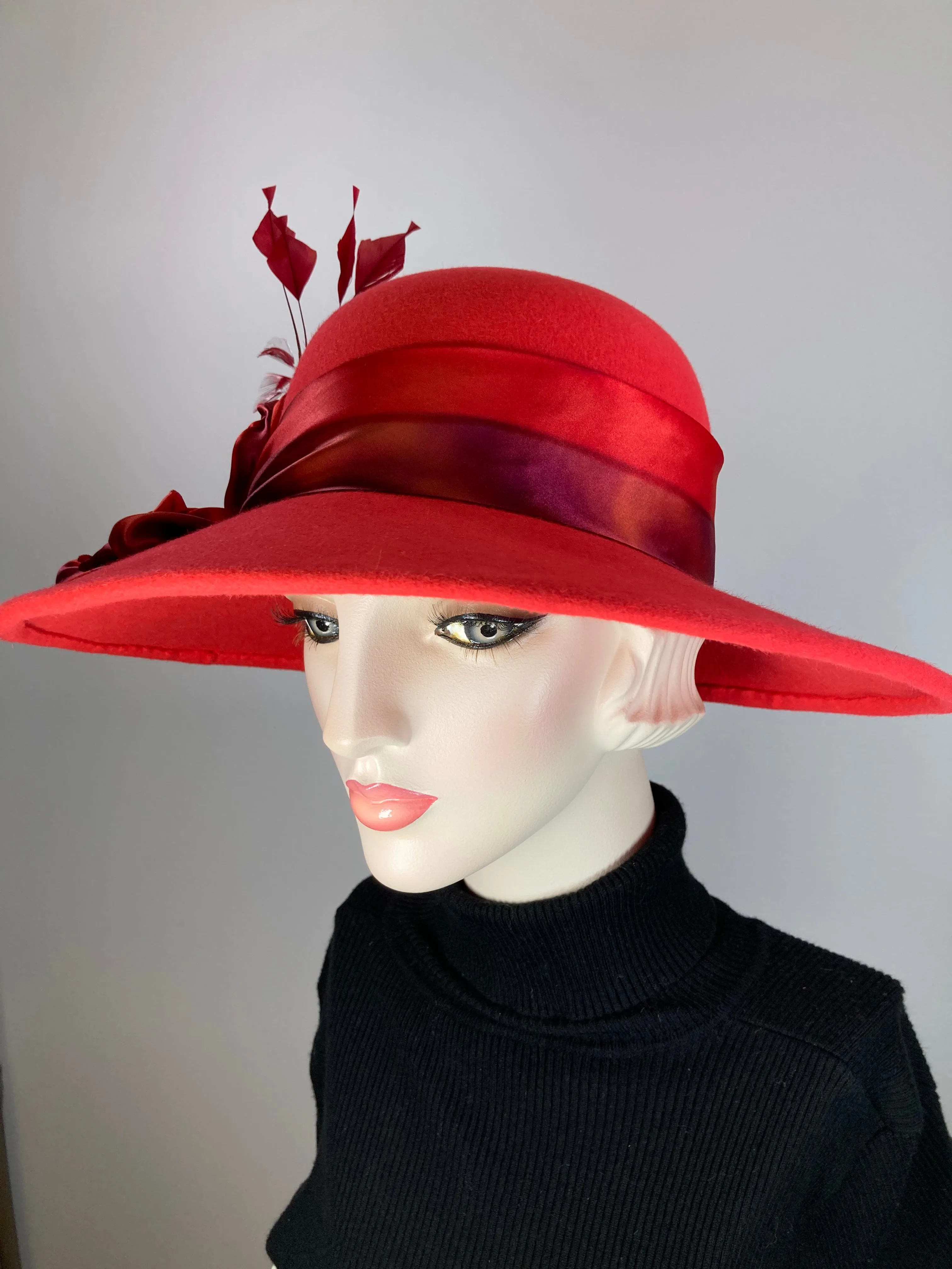 One of a kind hat. Downton Abbey style. 1920s wool hat, felt brim hat, Womens Brim Hat red. Ladies Warm Winter Hat. Womens Winter Hats