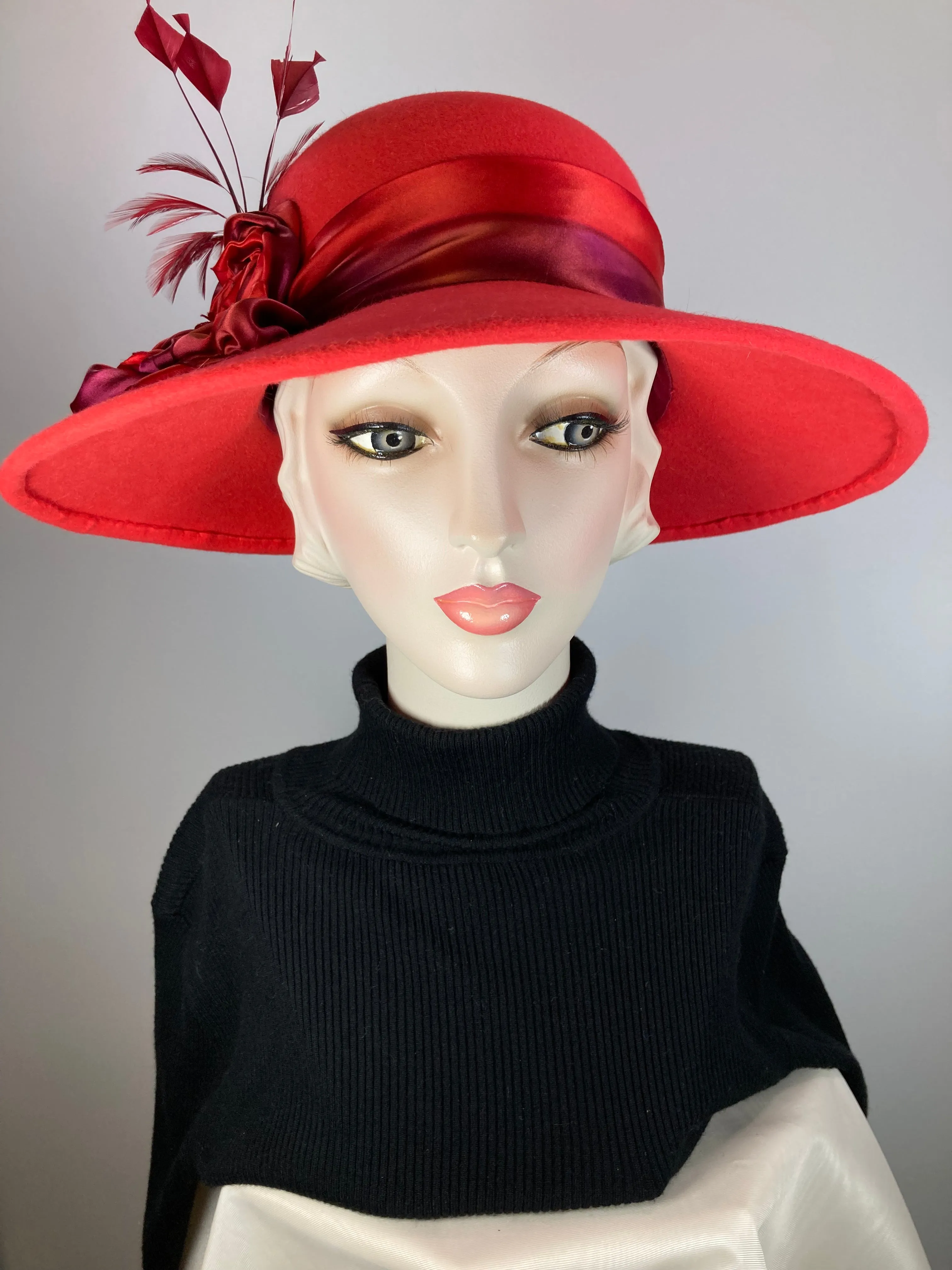 One of a kind hat. Downton Abbey style. 1920s wool hat, felt brim hat, Womens Brim Hat red. Ladies Warm Winter Hat. Womens Winter Hats
