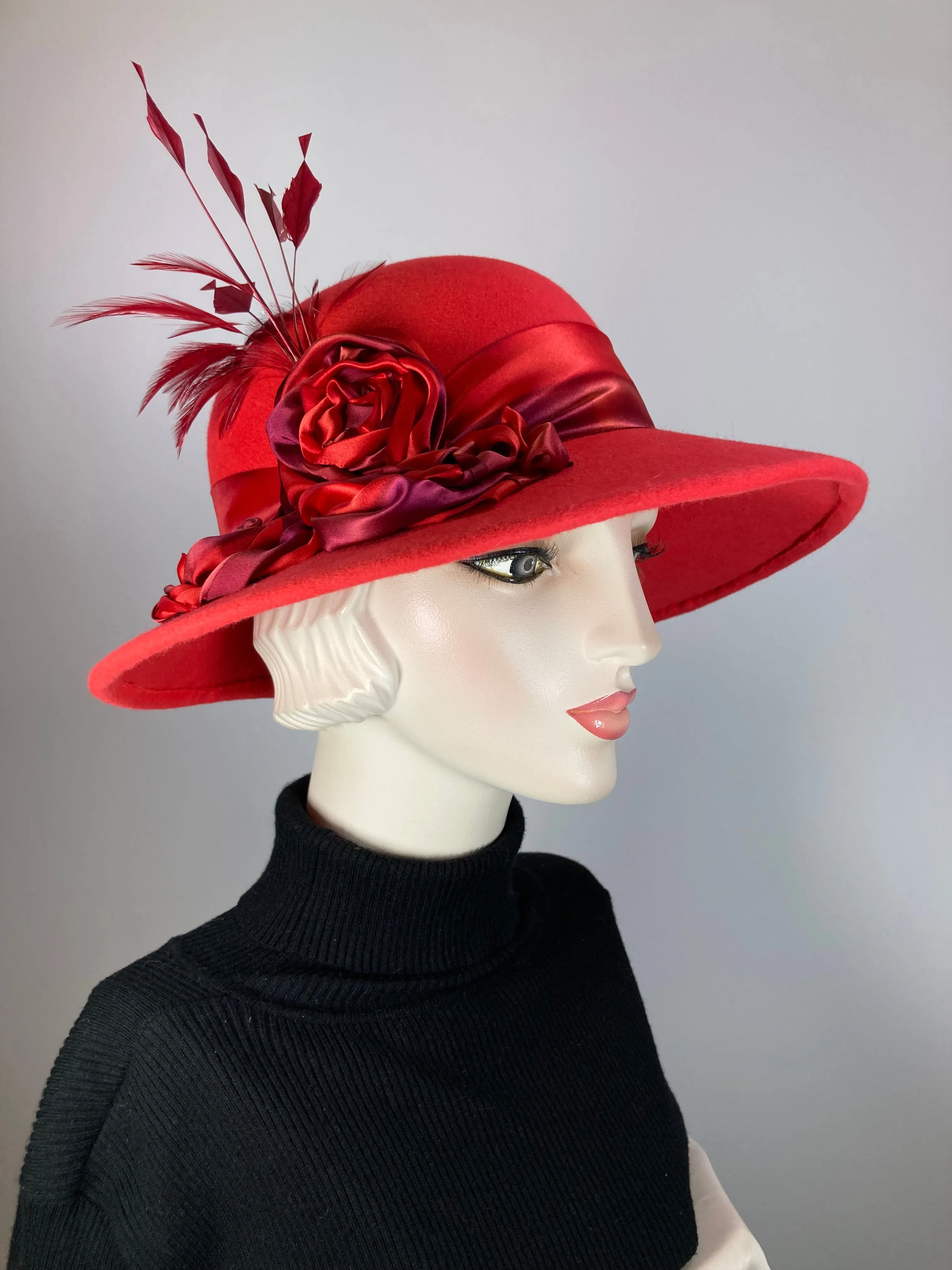 One of a kind hat. Downton Abbey style. 1920s wool hat, felt brim hat, Womens Brim Hat red. Ladies Warm Winter Hat. Womens Winter Hats
