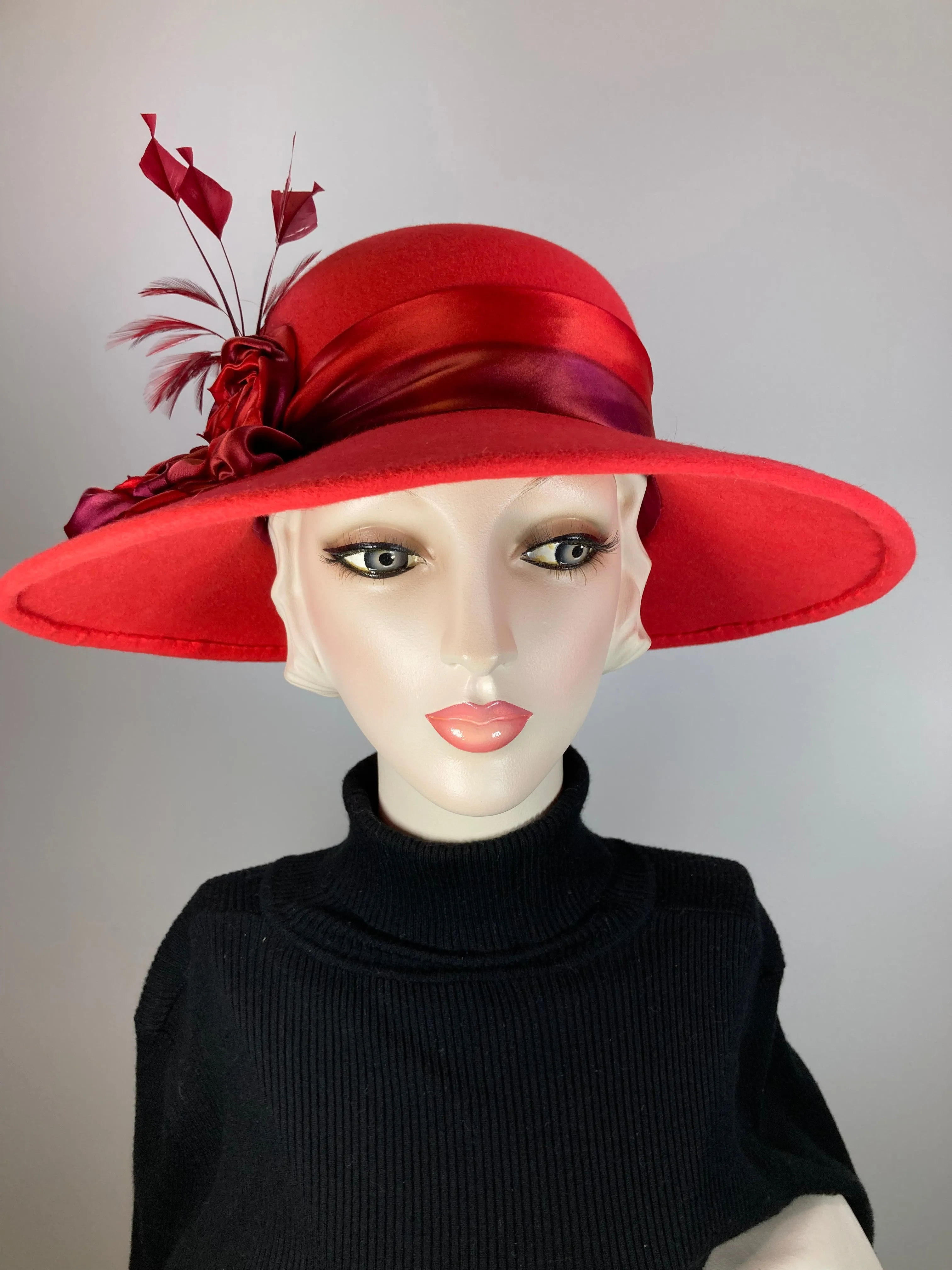 One of a kind hat. Downton Abbey style. 1920s wool hat, felt brim hat, Womens Brim Hat red. Ladies Warm Winter Hat. Womens Winter Hats
