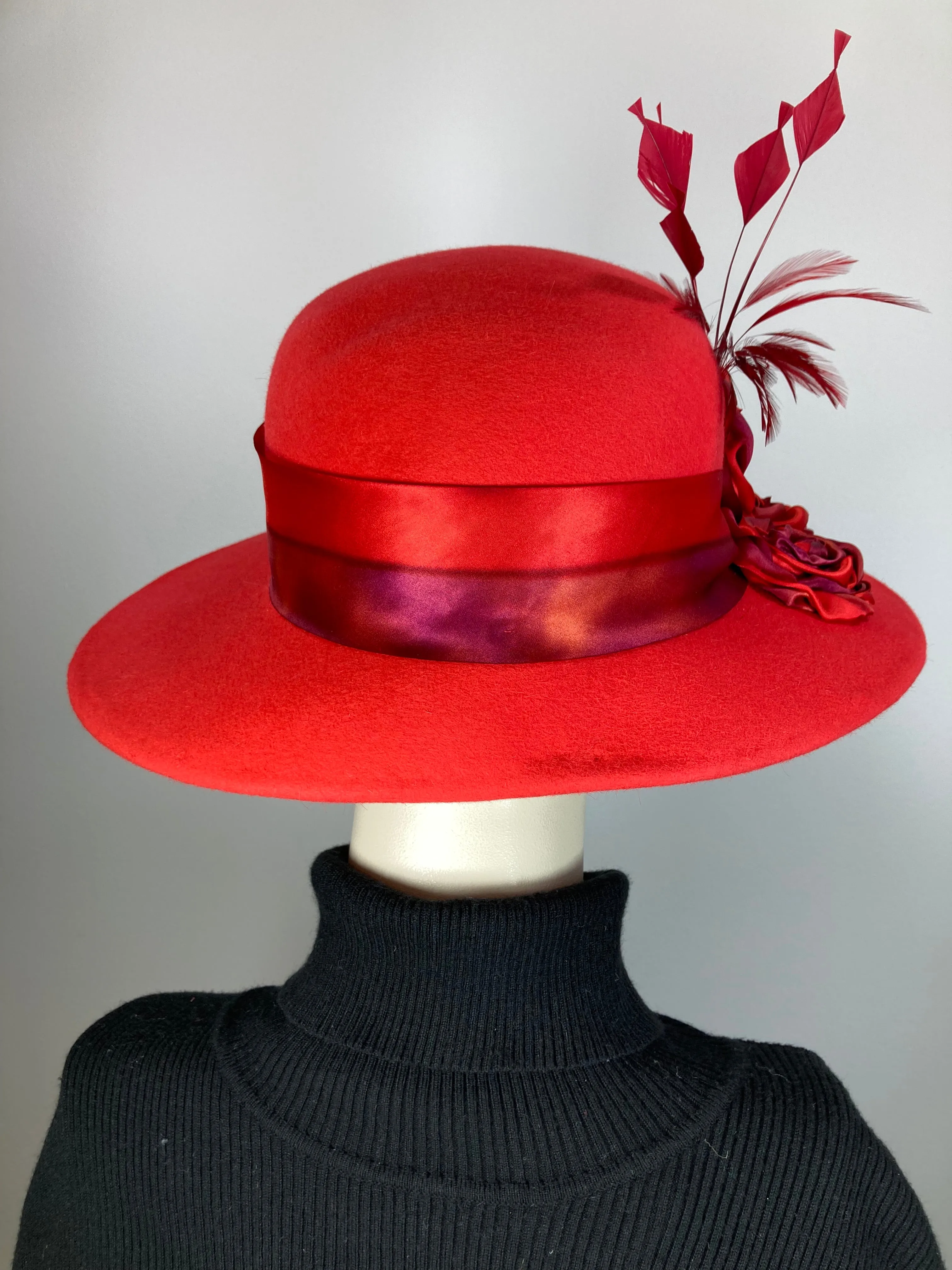 One of a kind hat. Downton Abbey style. 1920s wool hat, felt brim hat, Womens Brim Hat red. Ladies Warm Winter Hat. Womens Winter Hats