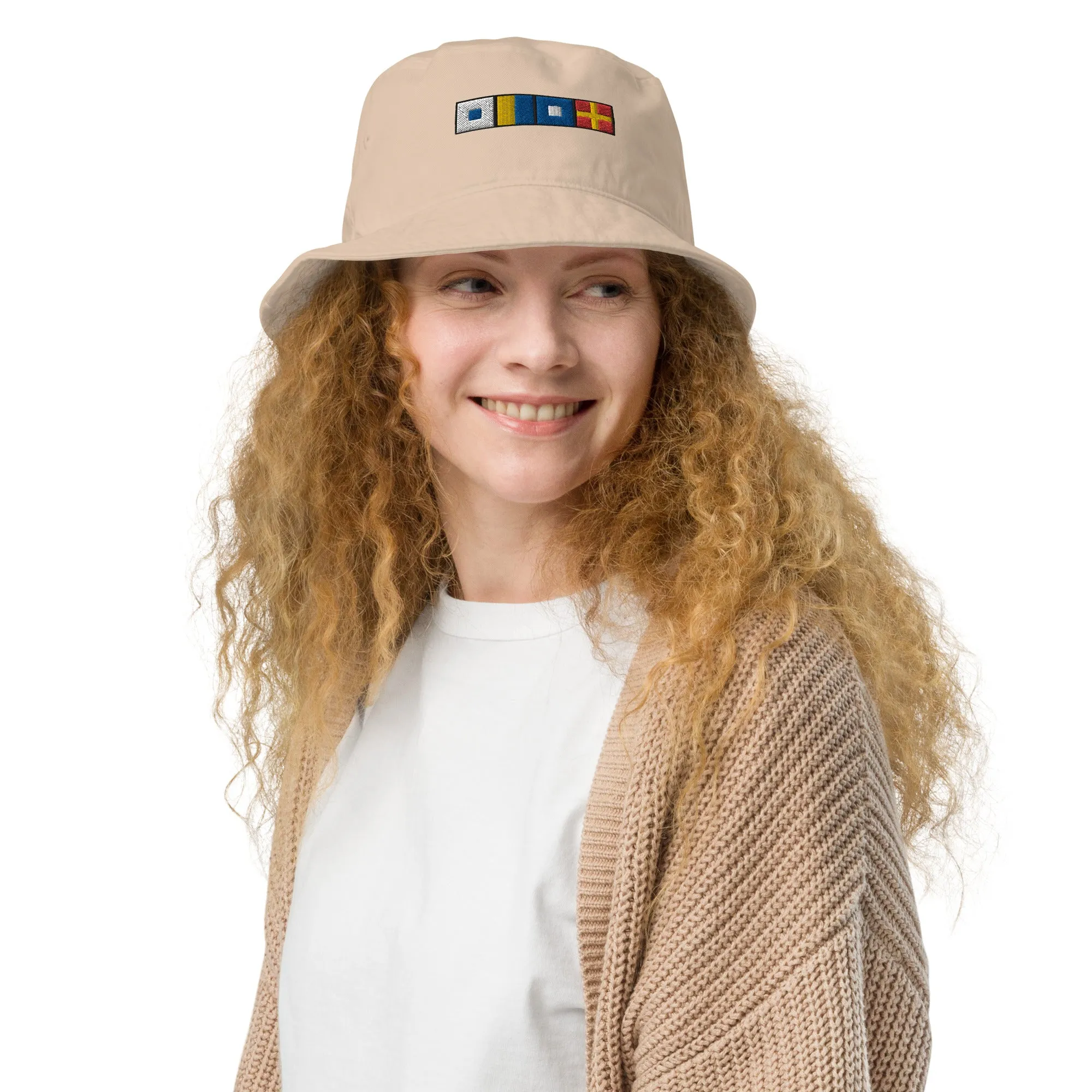 Organic bucket hat with SKPR (skipper) spelled out with Semaphore flags, Nautical Bucket Hat