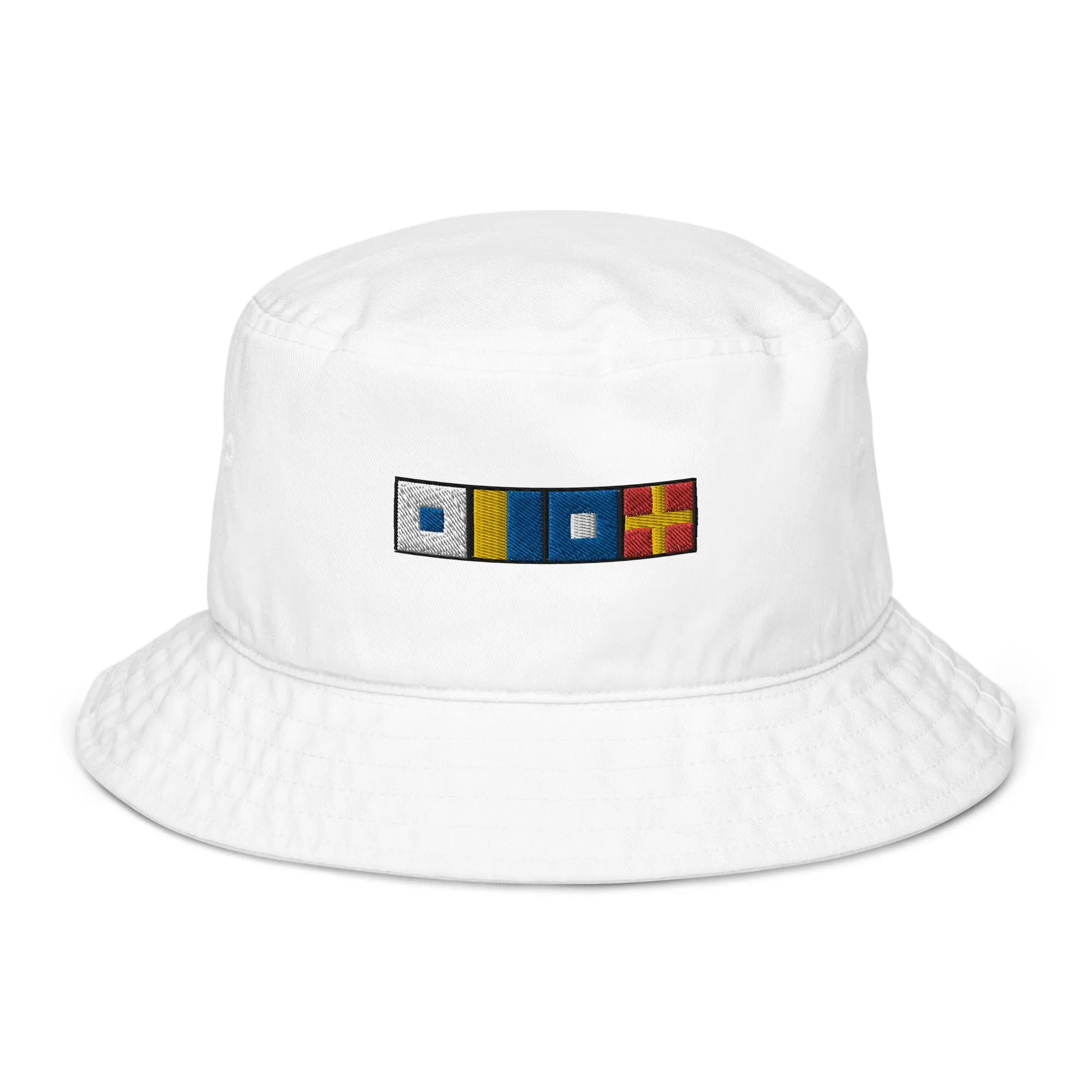 Organic bucket hat with SKPR (skipper) spelled out with Semaphore flags, Nautical Bucket Hat