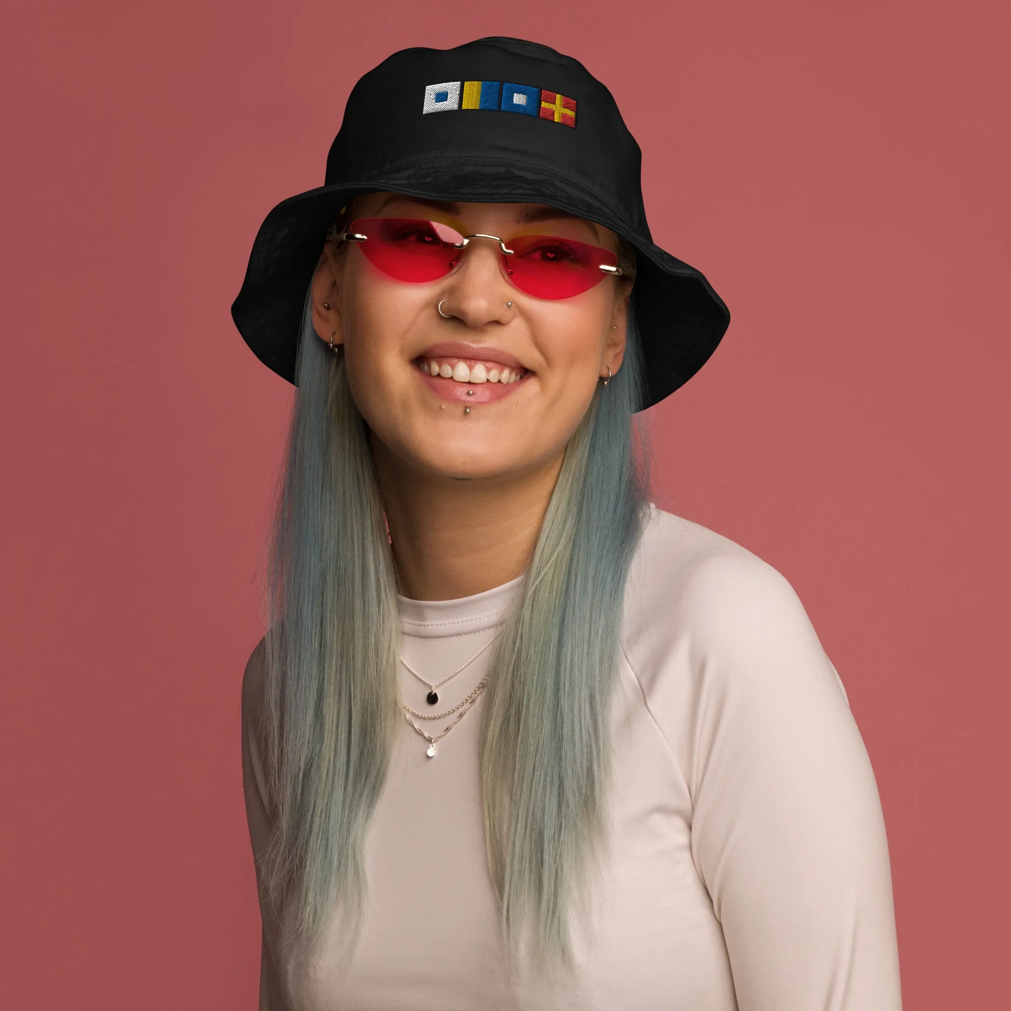 Organic bucket hat with SKPR (skipper) spelled out with Semaphore flags, Nautical Bucket Hat