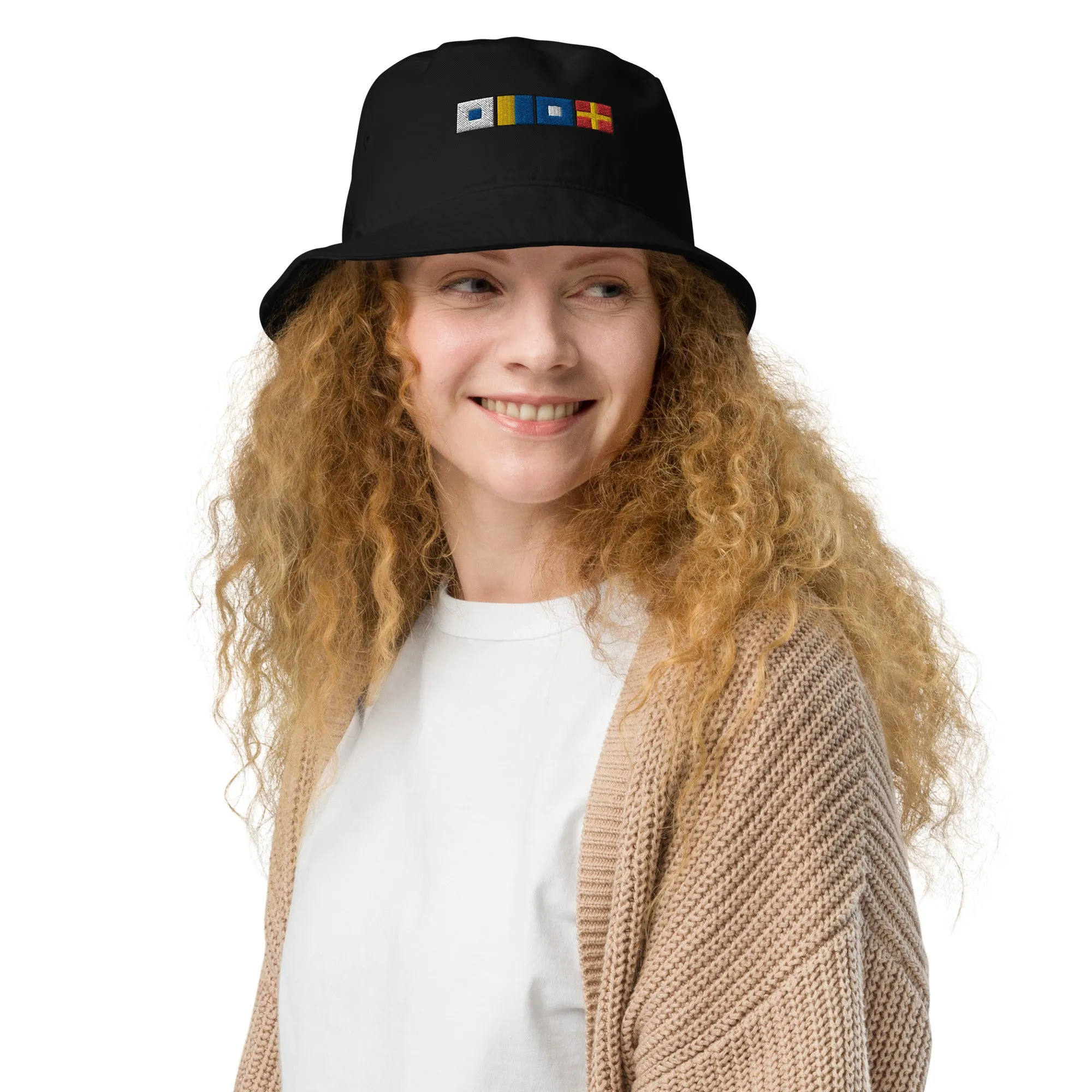 Organic bucket hat with SKPR (skipper) spelled out with Semaphore flags, Nautical Bucket Hat