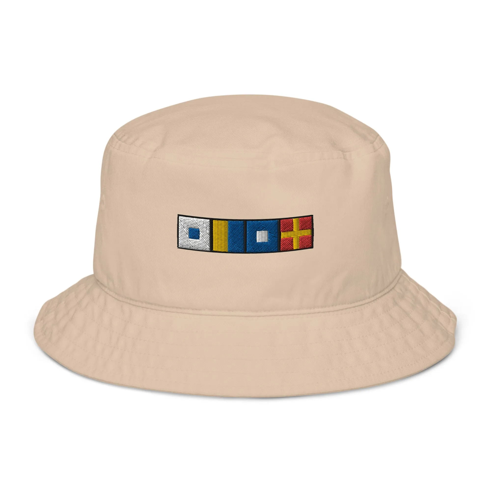 Organic bucket hat with SKPR (skipper) spelled out with Semaphore flags, Nautical Bucket Hat
