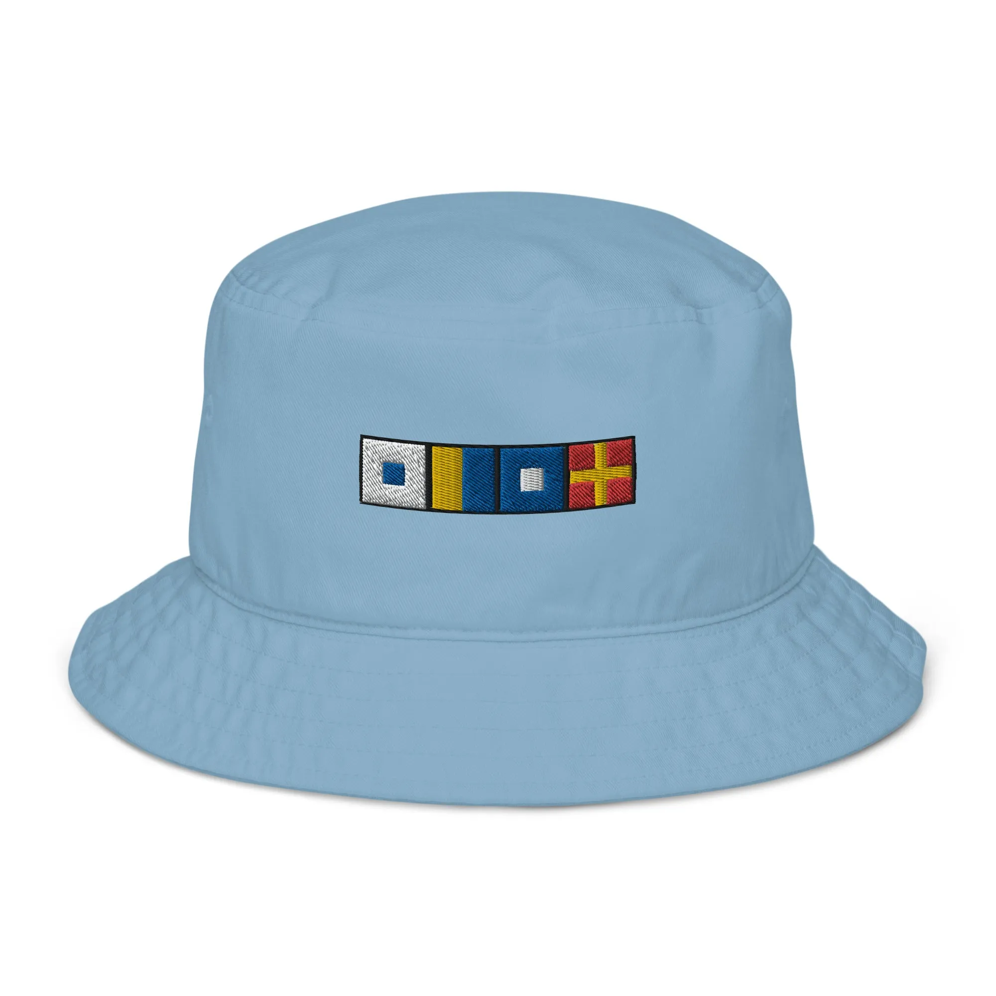 Organic bucket hat with SKPR (skipper) spelled out with Semaphore flags, Nautical Bucket Hat