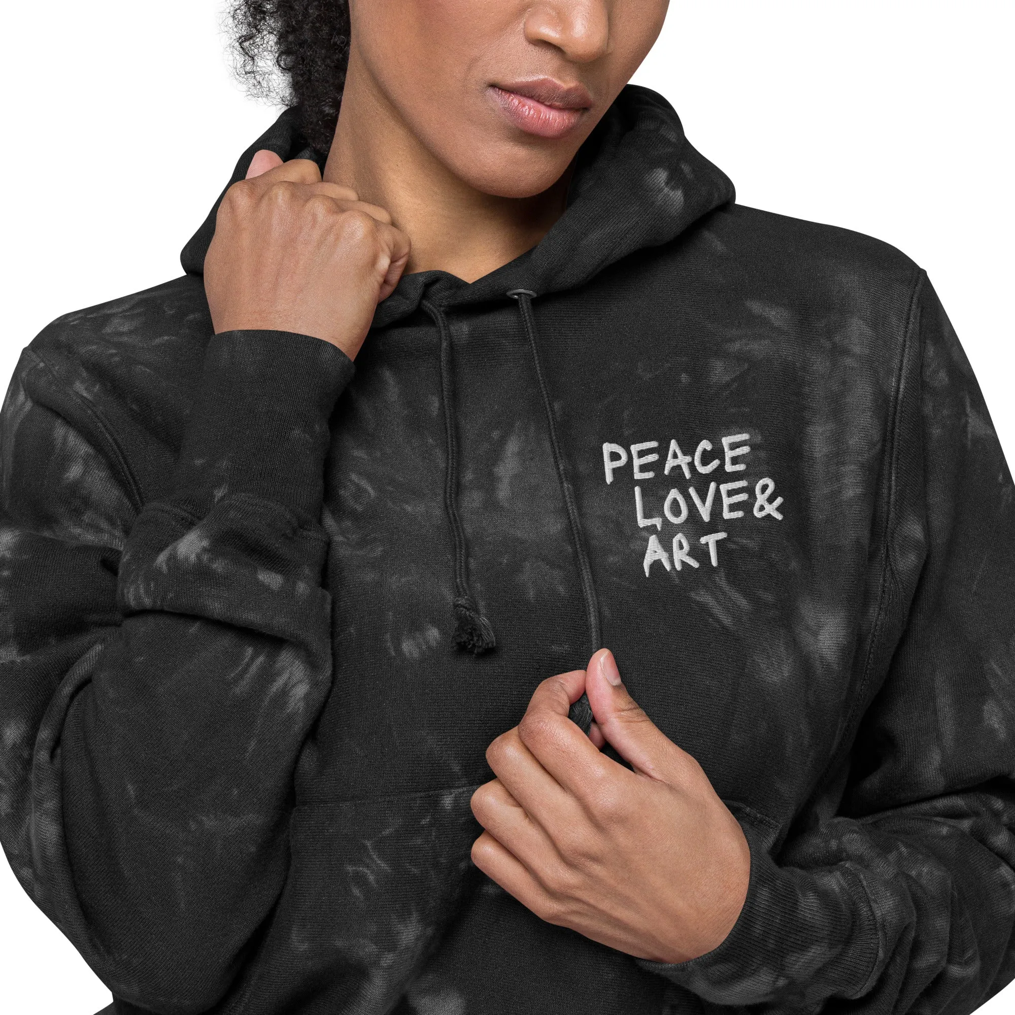 Peace Love & Art Black Tie-dye Hoodie (White Embroidery)