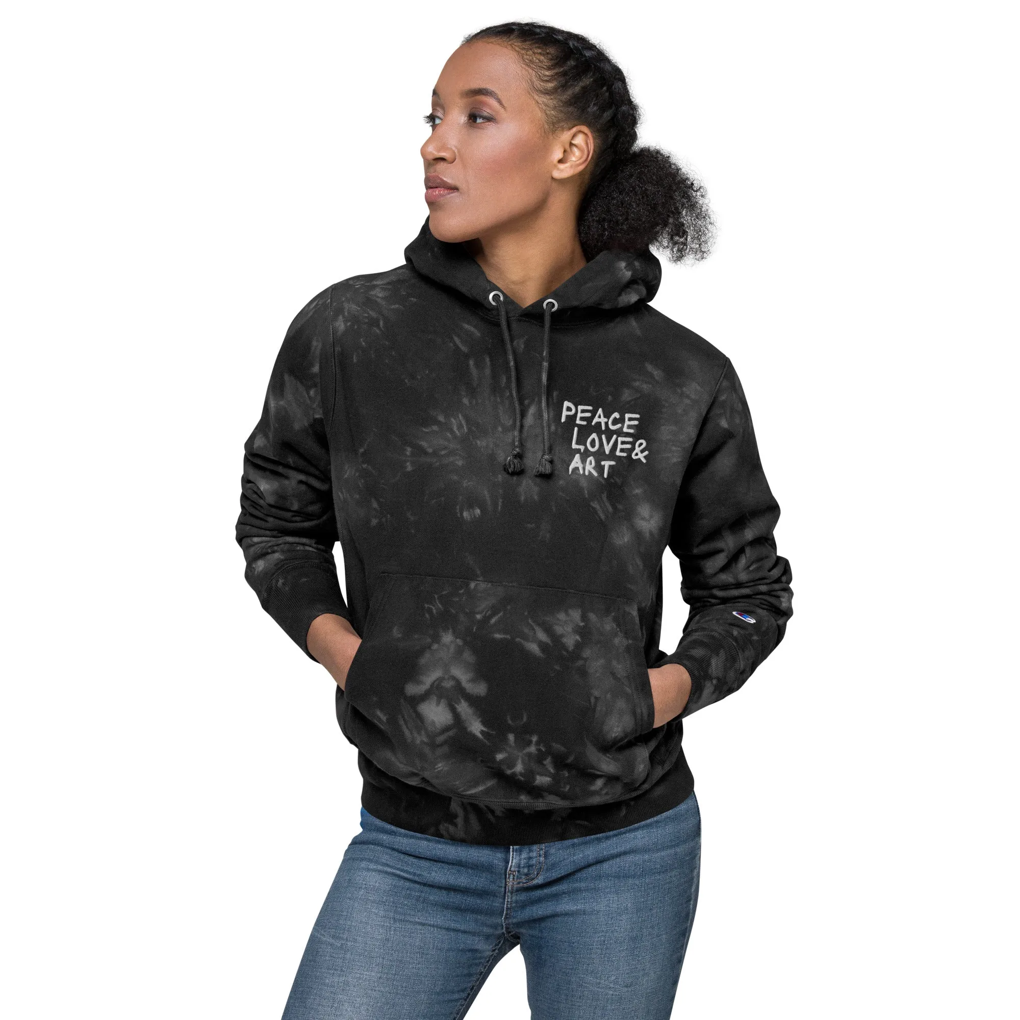 Peace Love & Art Black Tie-dye Hoodie (White Embroidery)