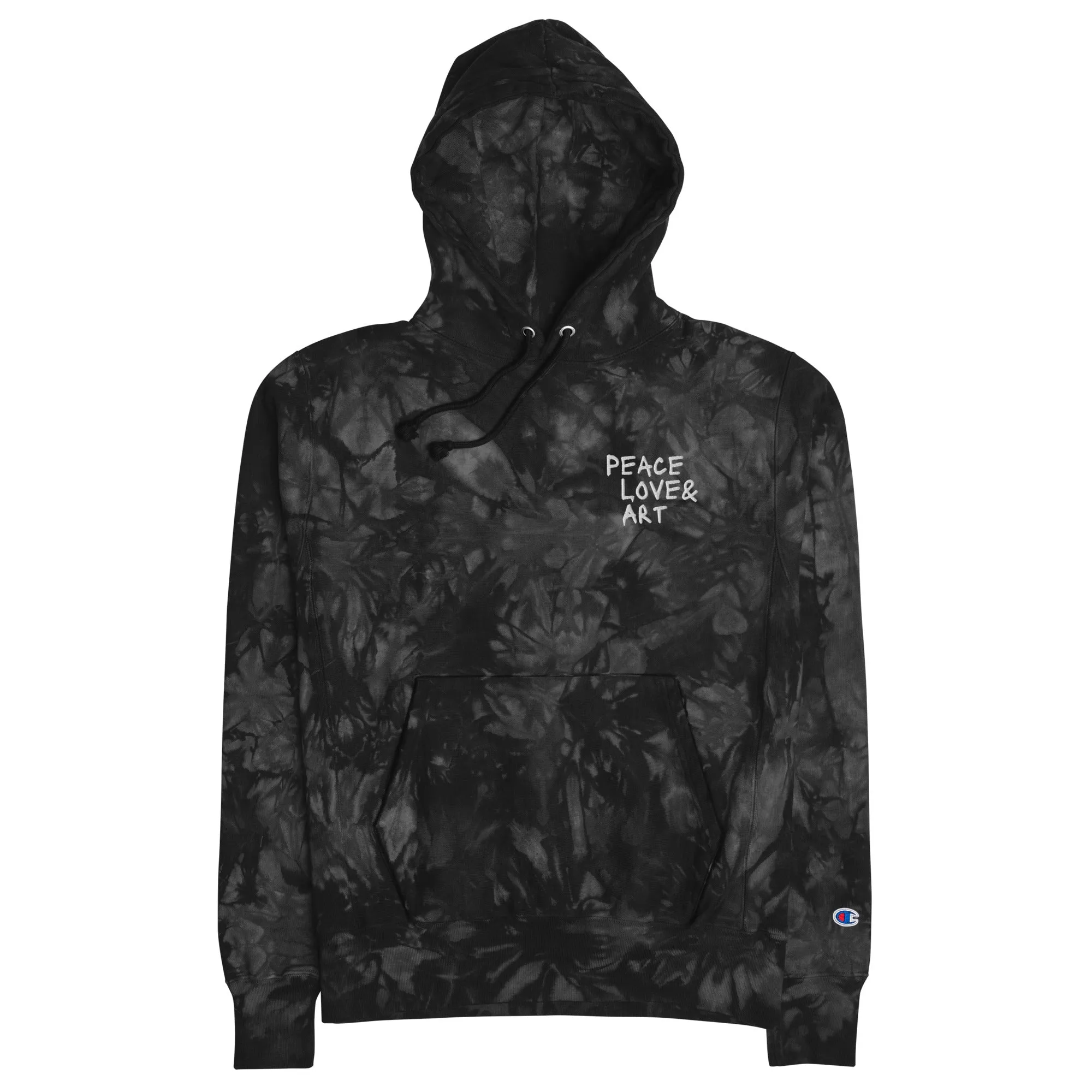 Peace Love & Art Black Tie-dye Hoodie (White Embroidery)