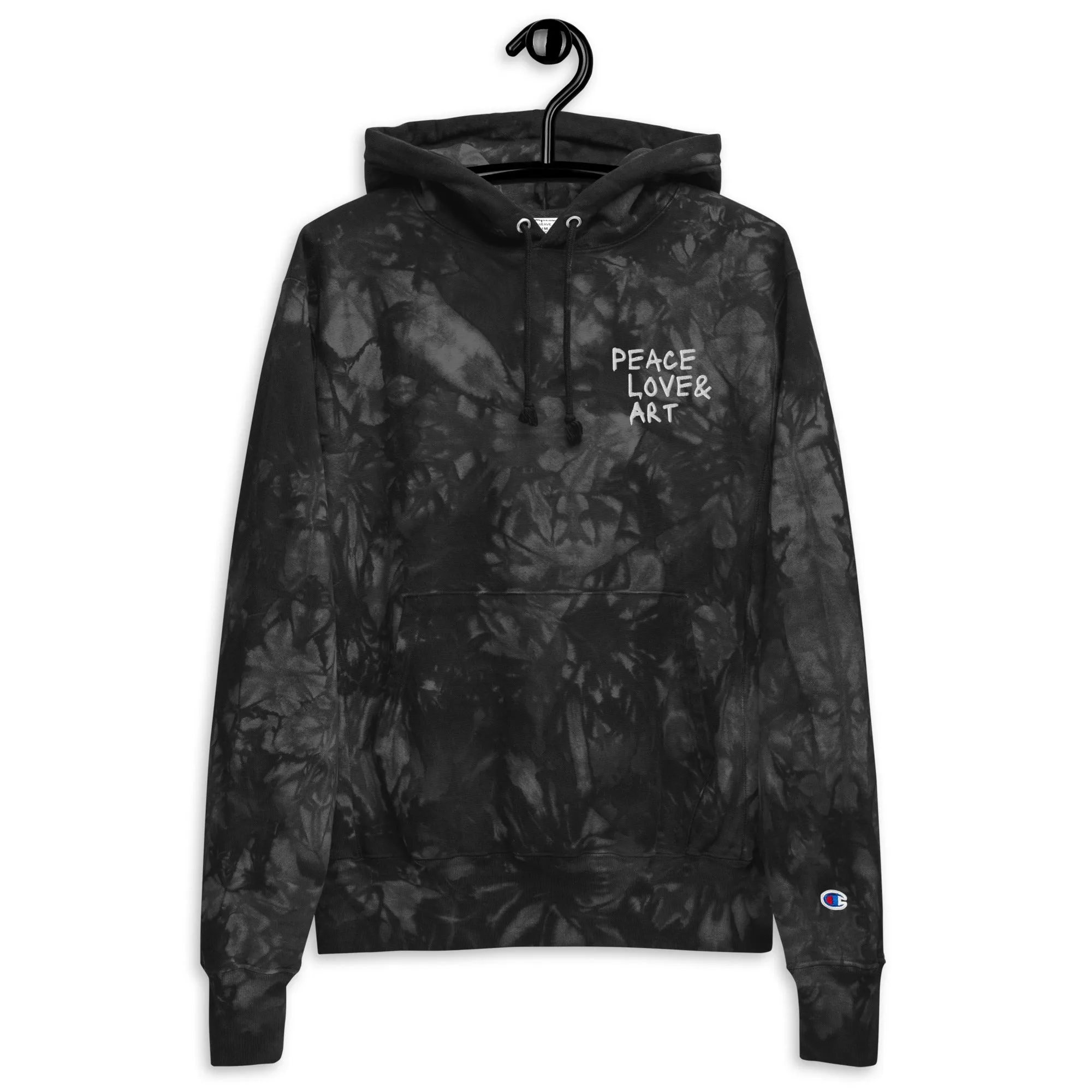 Peace Love & Art Black Tie-dye Hoodie (White Embroidery)