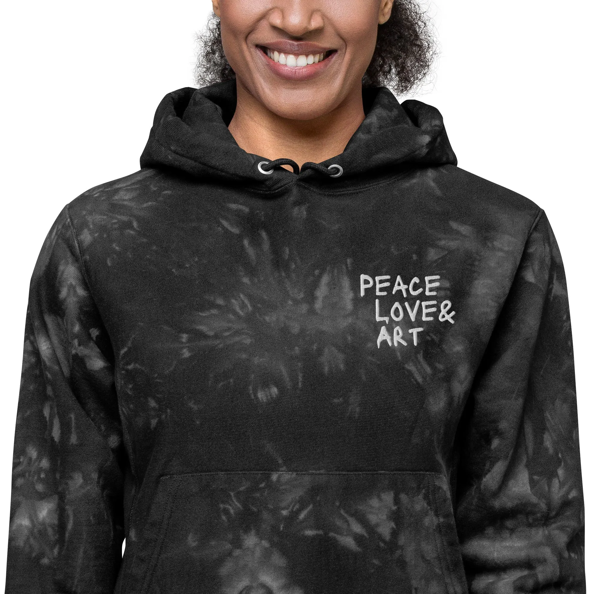 Peace Love & Art Black Tie-dye Hoodie (White Embroidery)
