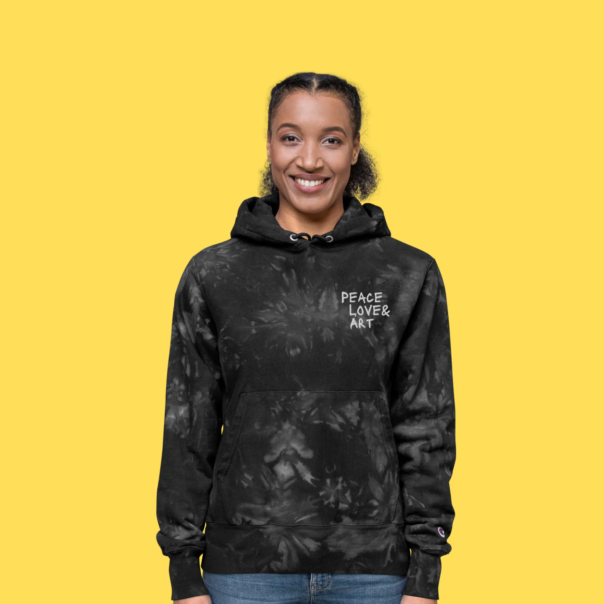 Peace Love & Art Black Tie-dye Hoodie (White Embroidery)