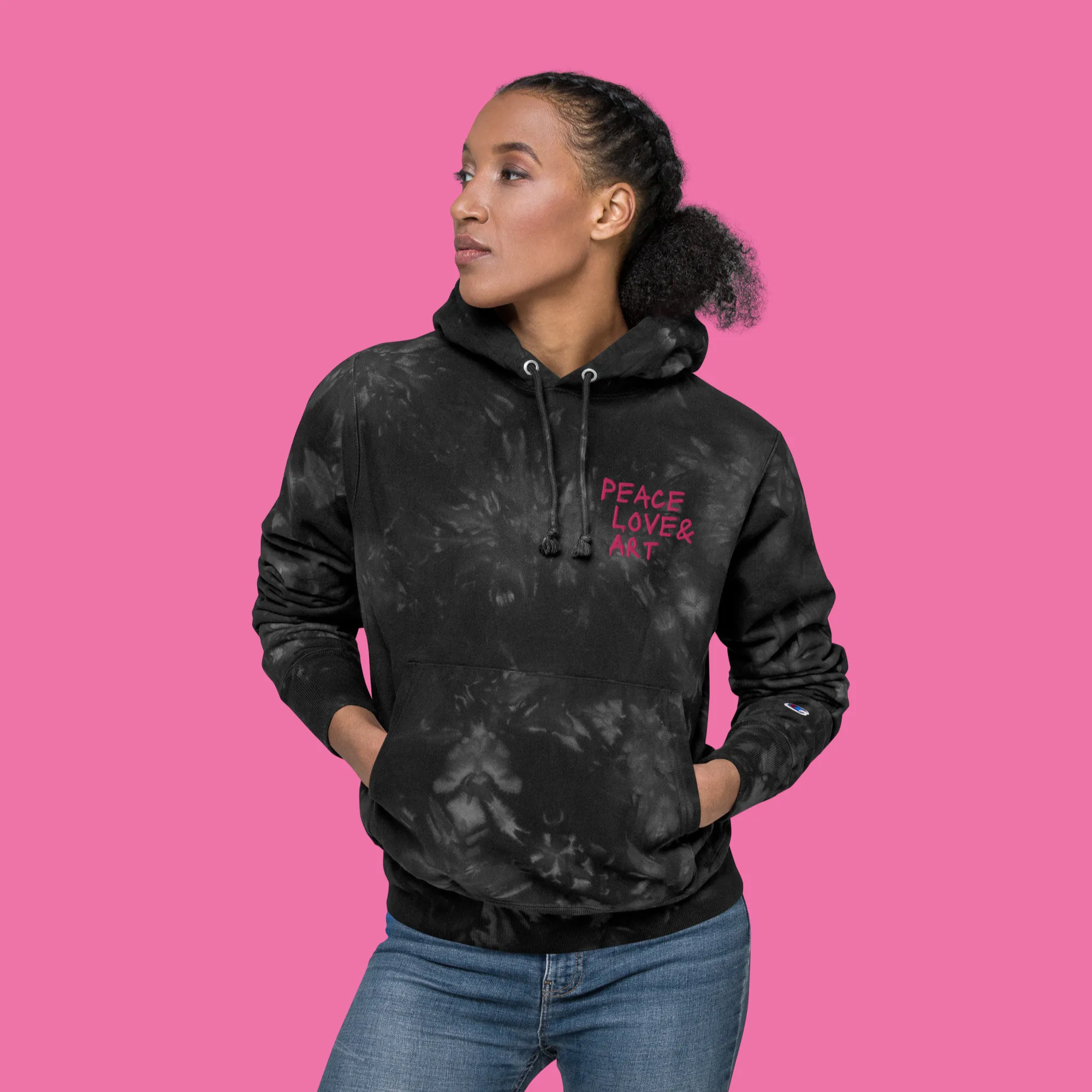 Peace Love Art Black Tie-dye Hoodie (Hot Pink Embroidery)